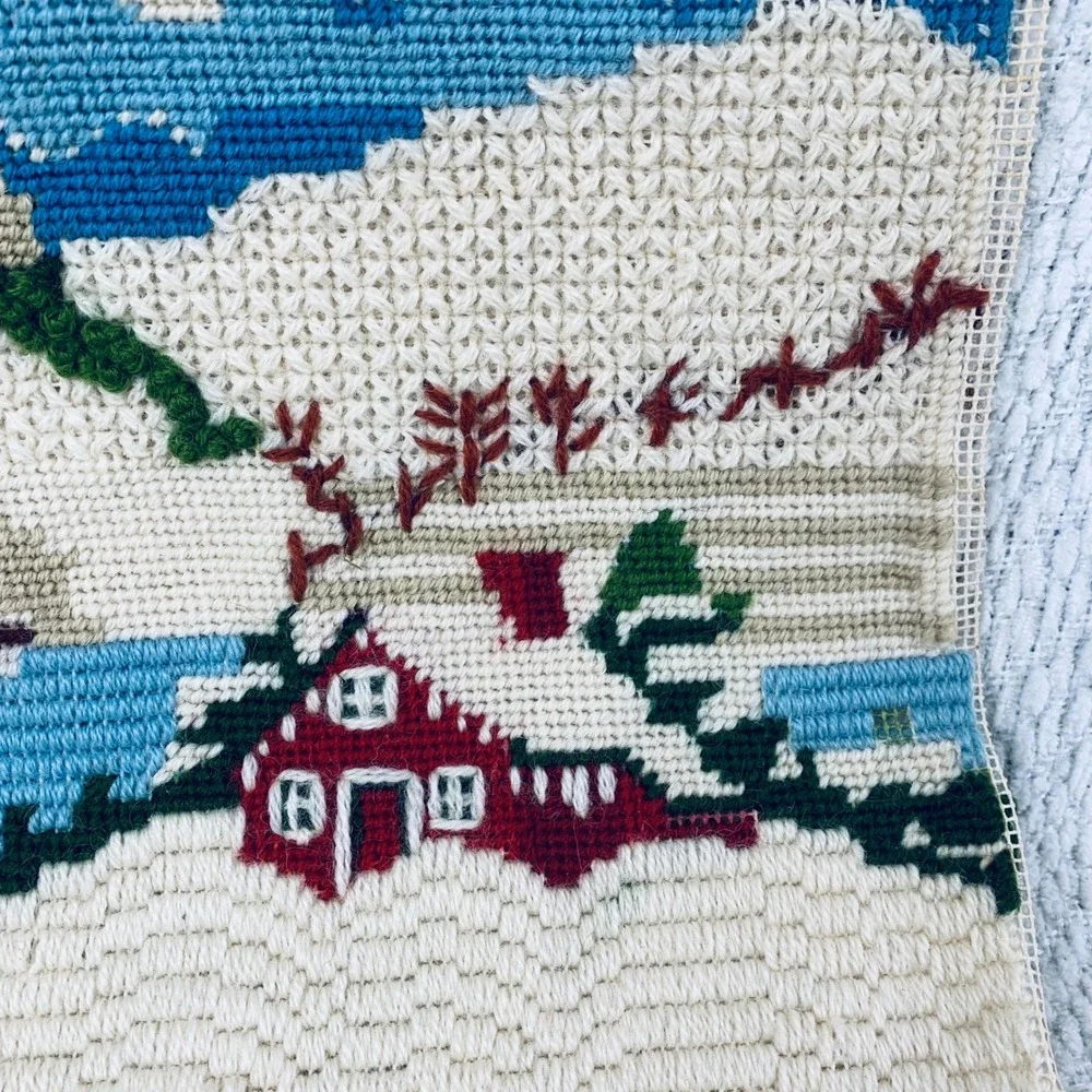 Handmade Needlepoint Winter Village Scene Farm Red Barn Snow Folk Art Tapestry